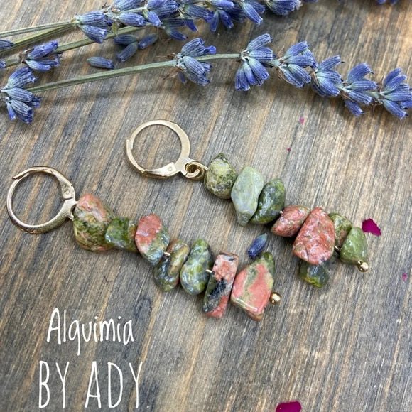 Fall vibes Green Unakite and 14k gold statement long earrings - Picture 1 of 6